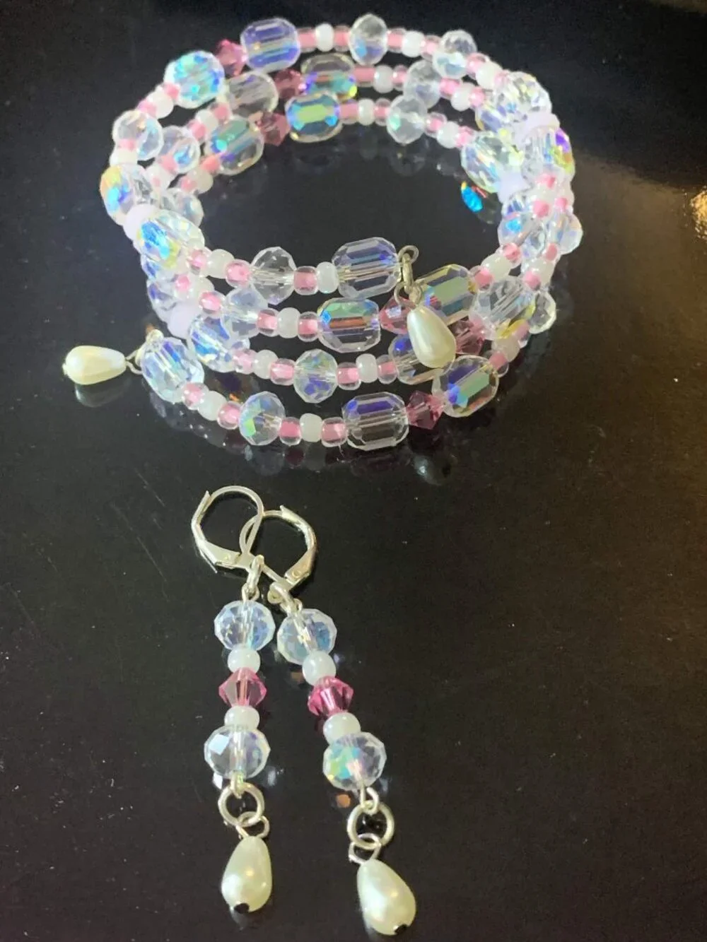 'Pretty in Pink' Hand crafted glass coil bracelet and earrings set